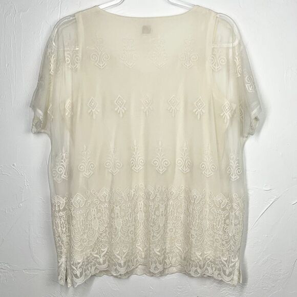 Chico’s Off White Mesh Lace Layered Short Sleeve Top Medium - Picture 4 of 6